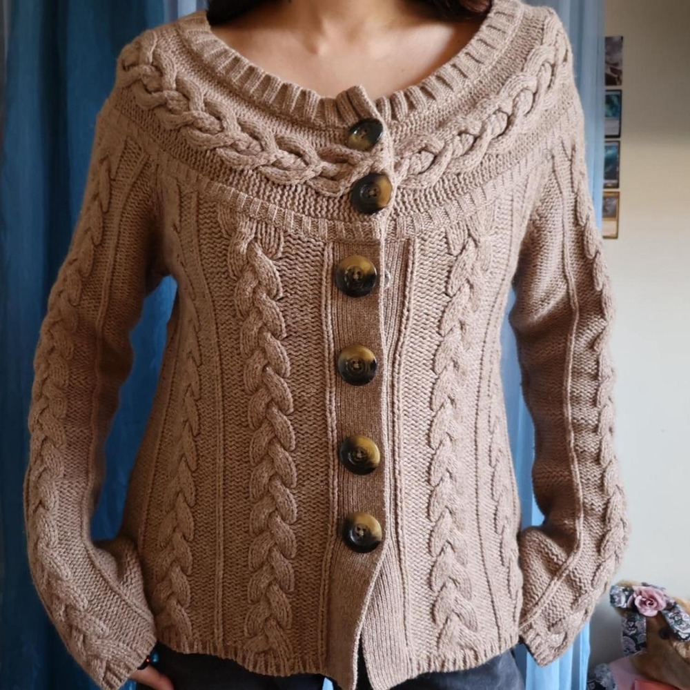 2000s Old Navy Cable Knit Cotton-Wool Blend Cardigan Sweater